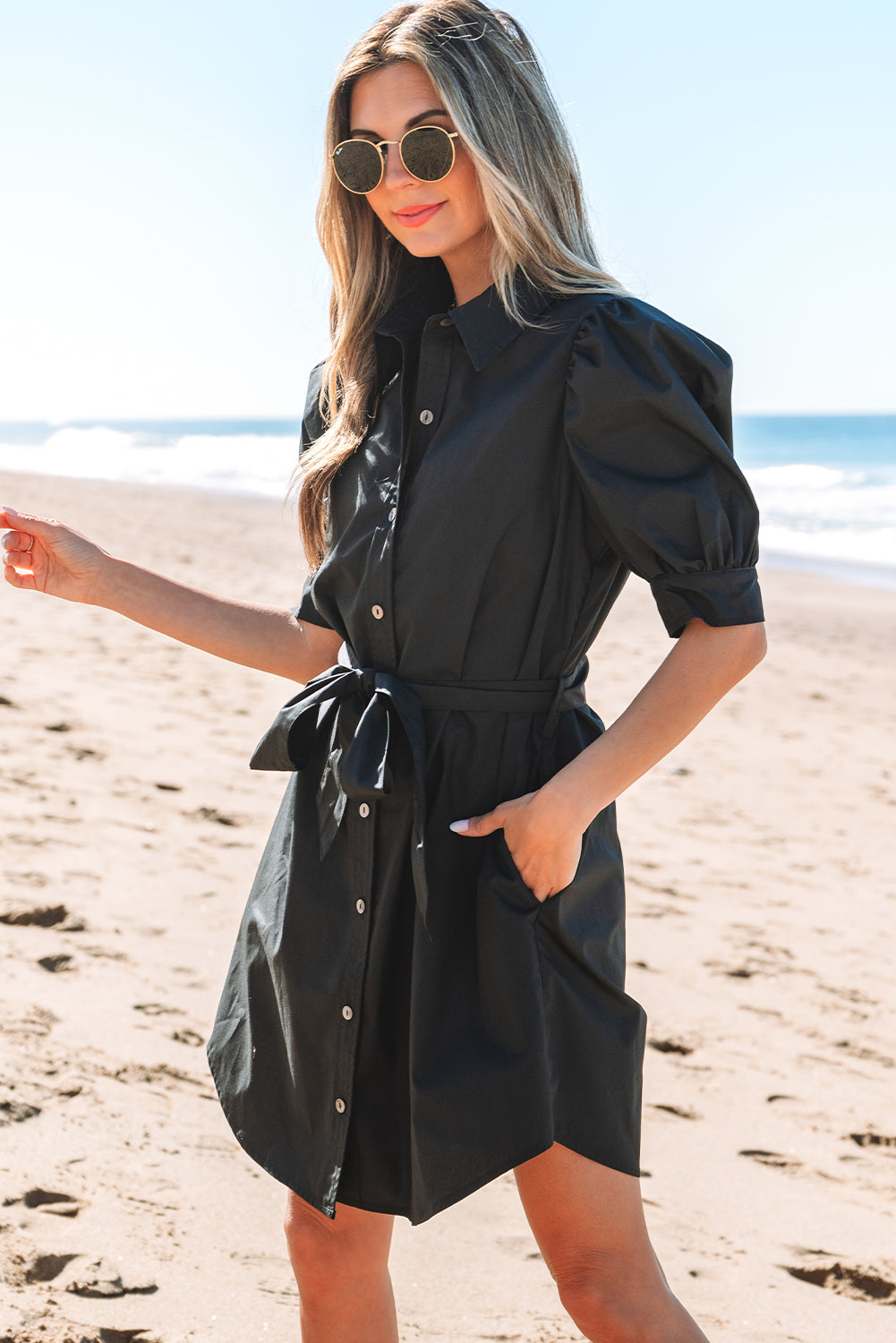 Black Button Up Tie Waist Mini Dress
