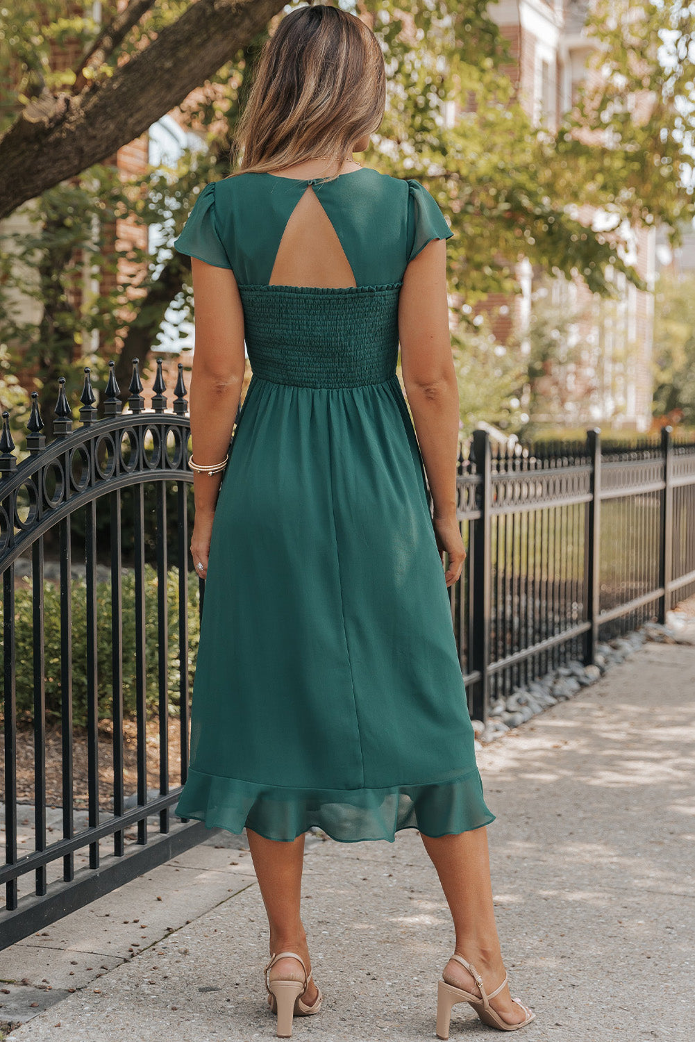 Sea Green Shirred Ruffled Midi Dress