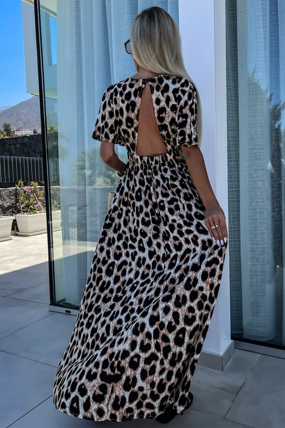 Khaki Leopard Open Back Maxi Dress