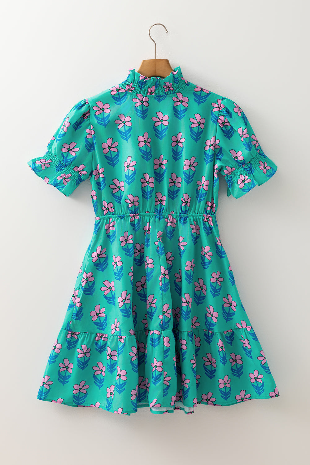 Green Floral Frill High Waist Mini Dress