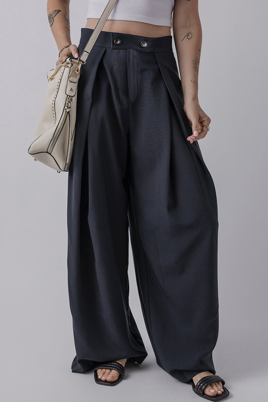 Navy Blue High Waist Pleated Wide Leg Pants
