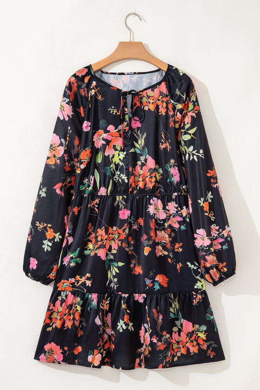 Black Plus Size Floral Long Sleeve Mini Dress