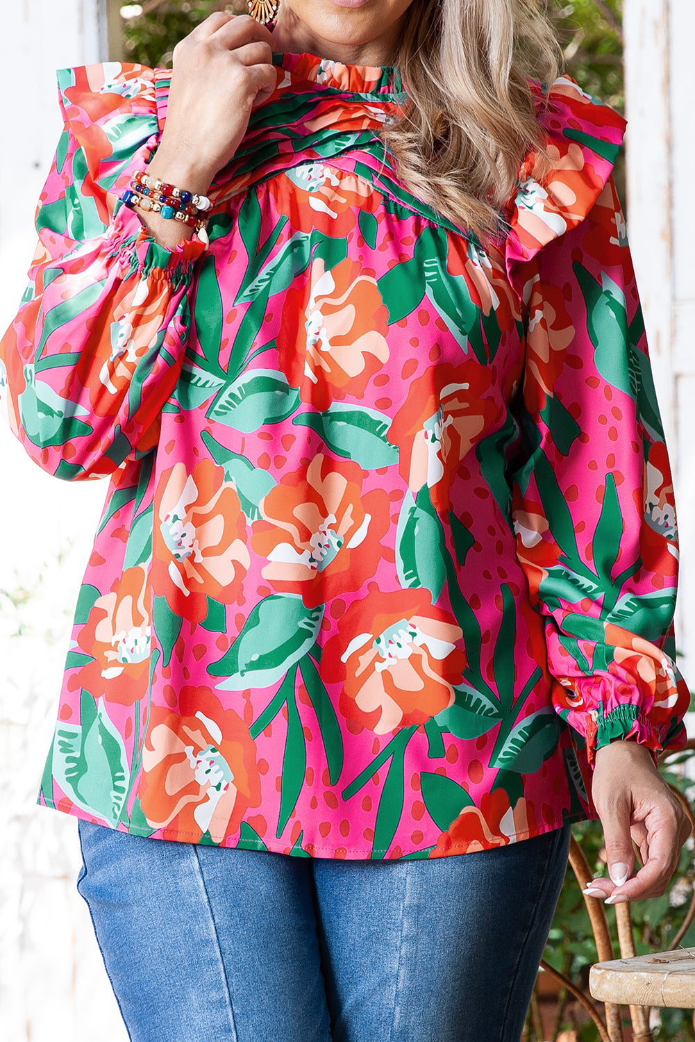 Rose Floral Print Plus Size Blouse