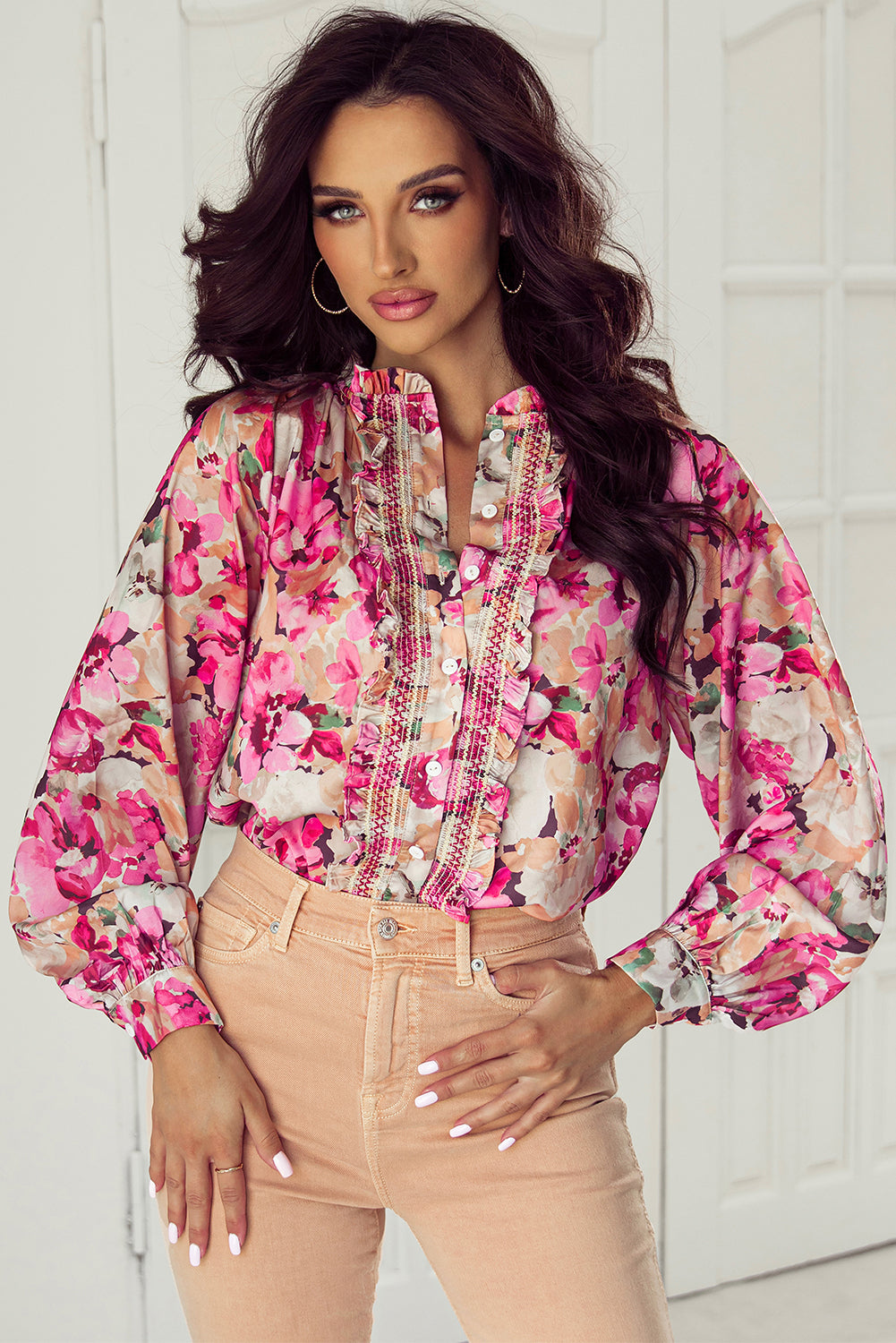 Red Floral Print Ruffled Loose Fit Shirt