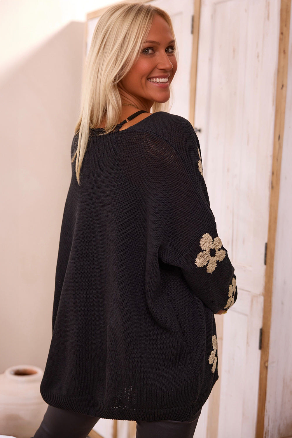 Black Floral Print Knitted Cardigan