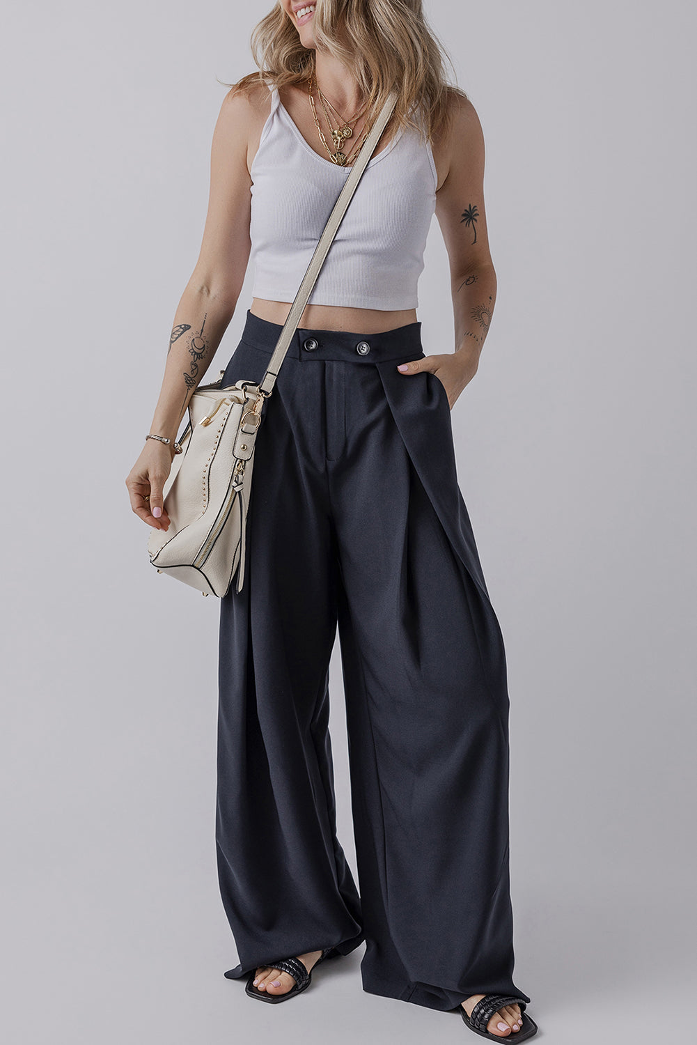 Navy Blue High Waist Pleated Wide Leg Pants