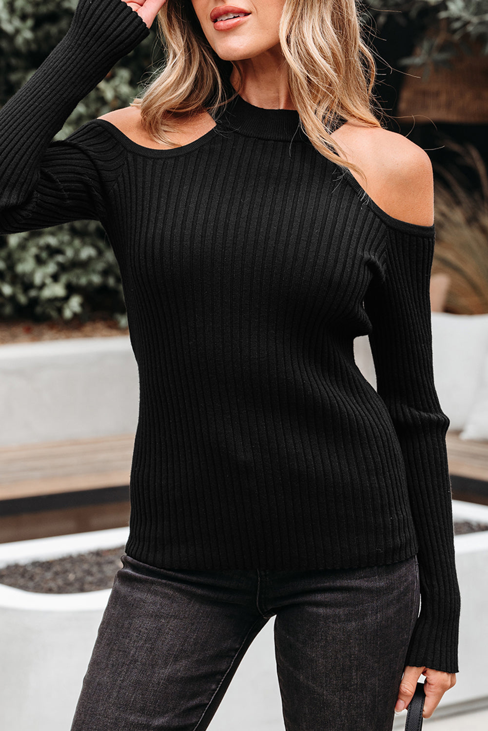 Black Ribbed Cold Shoulder Sweater