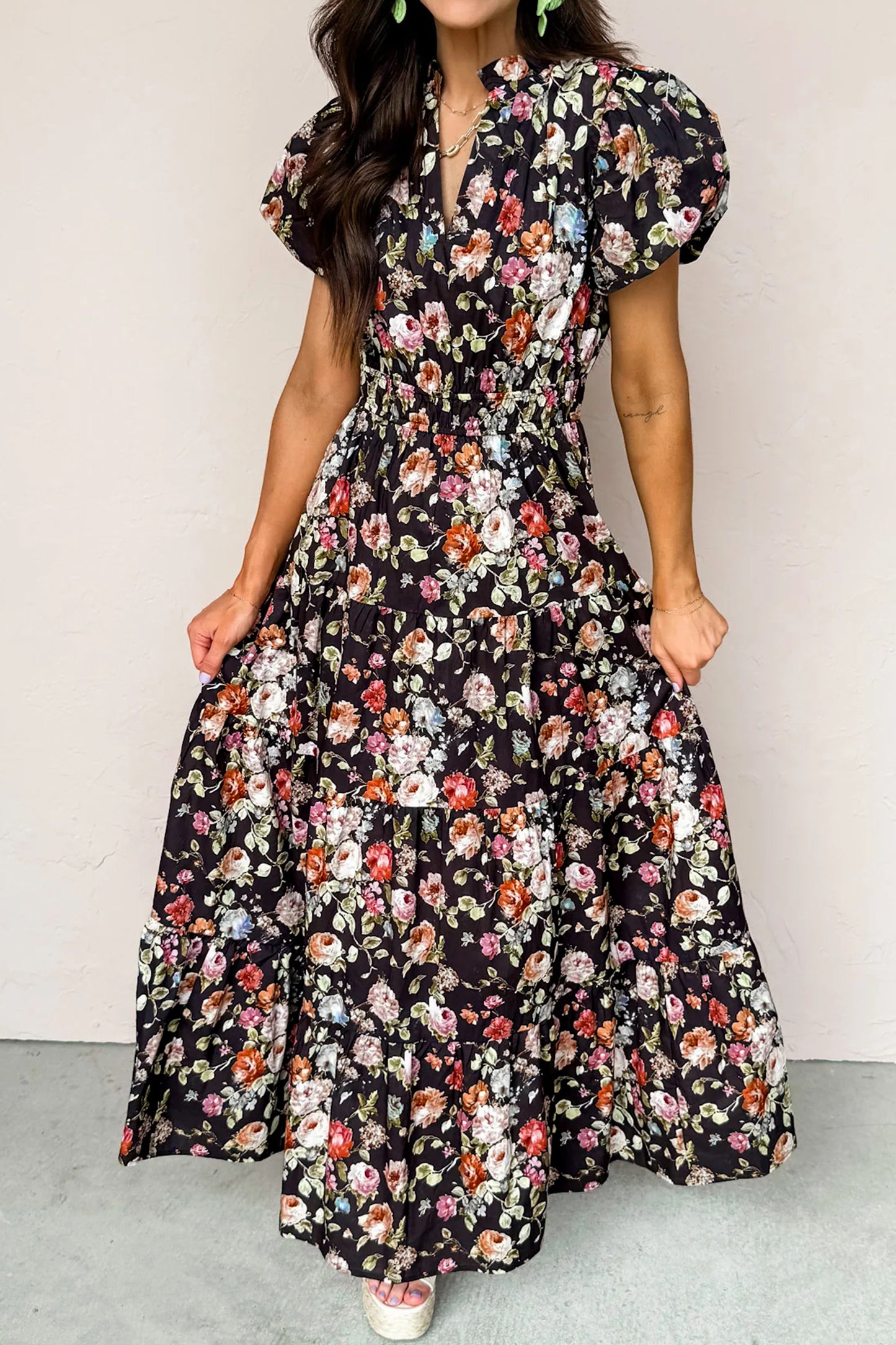Black Floral Tiered Maxi Dress