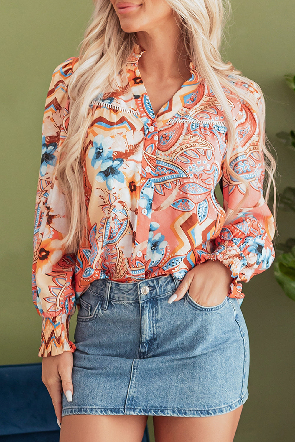 Orange Floral Buttoned Loose Shirt
