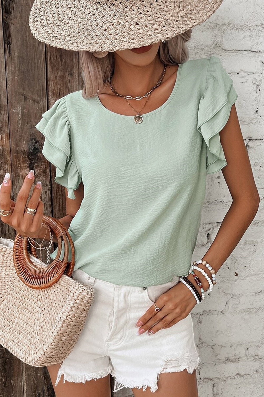 Sage Ruffled Short Sleeve Blouse