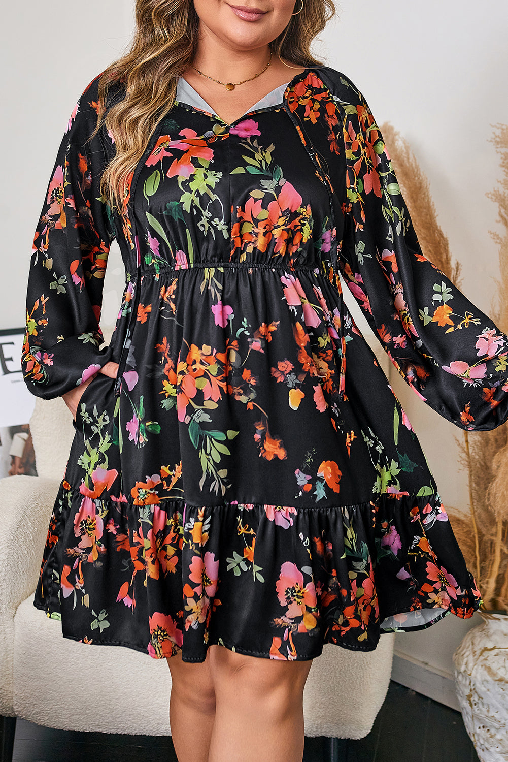 Black Plus Size Floral Long Sleeve Mini Dress