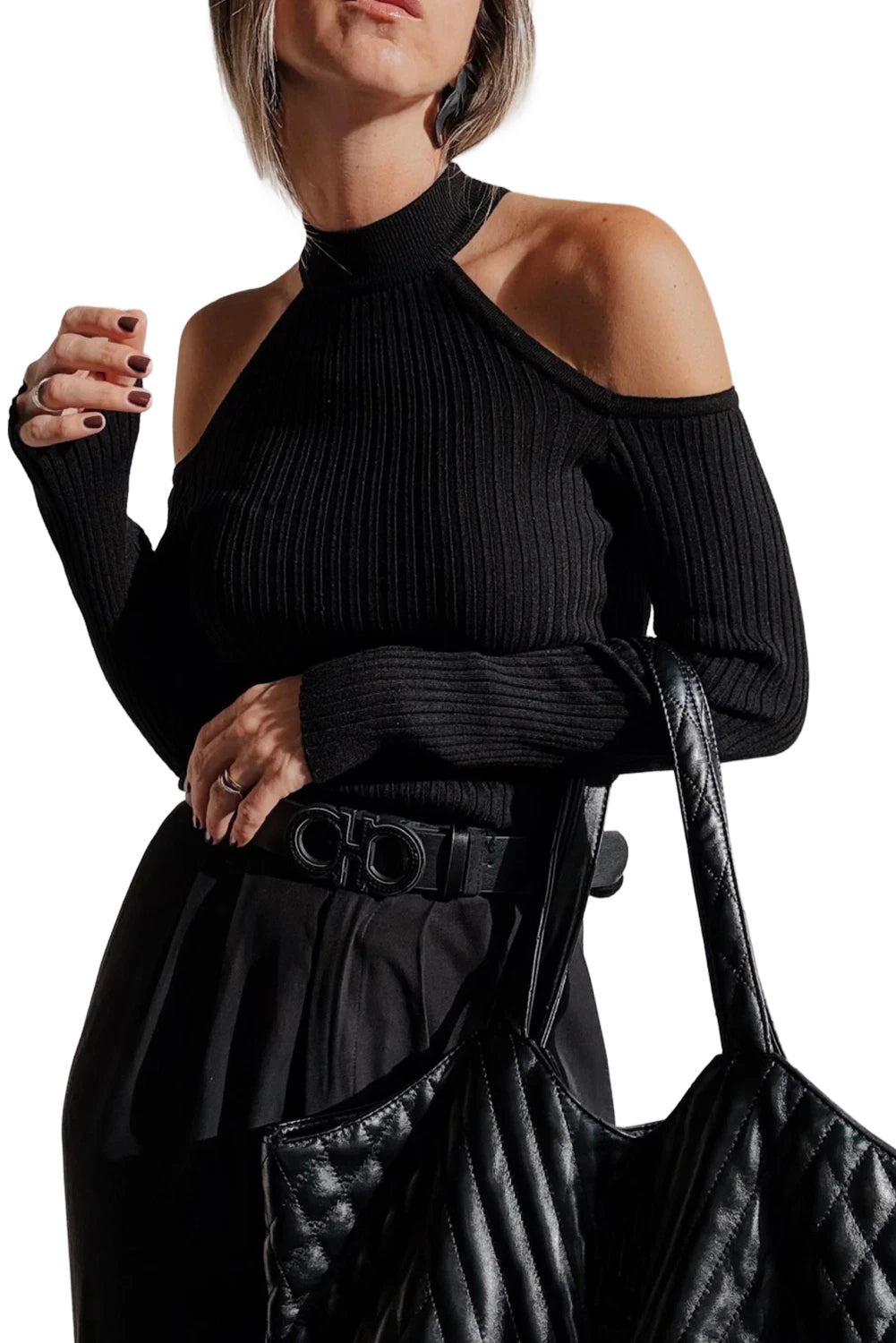 Black Ribbed Cold Shoulder Sweater