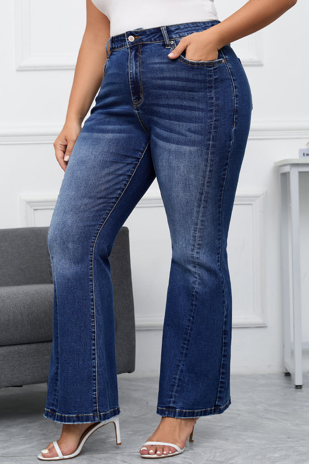 Dark Blue Plus Size Washed Flare Jeans