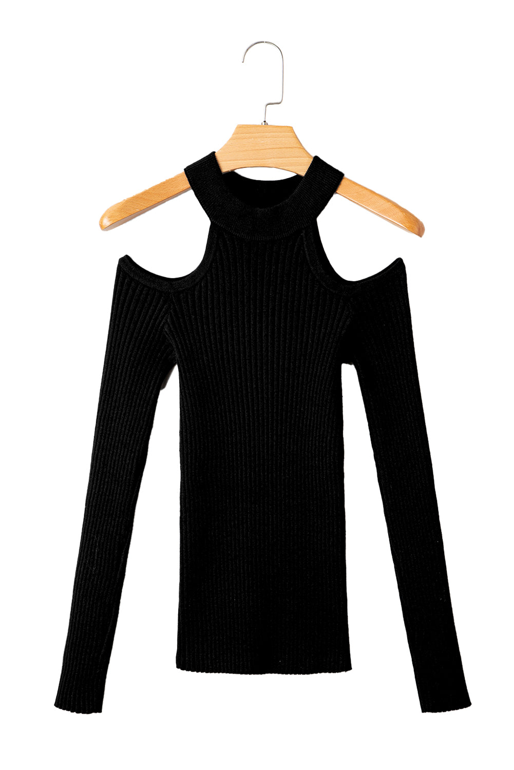 Black Ribbed Cold Shoulder Sweater