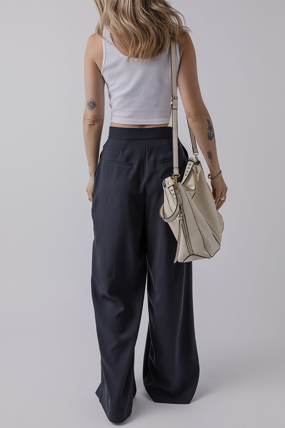 Navy Blue High Waist Pleated Wide Leg Pants