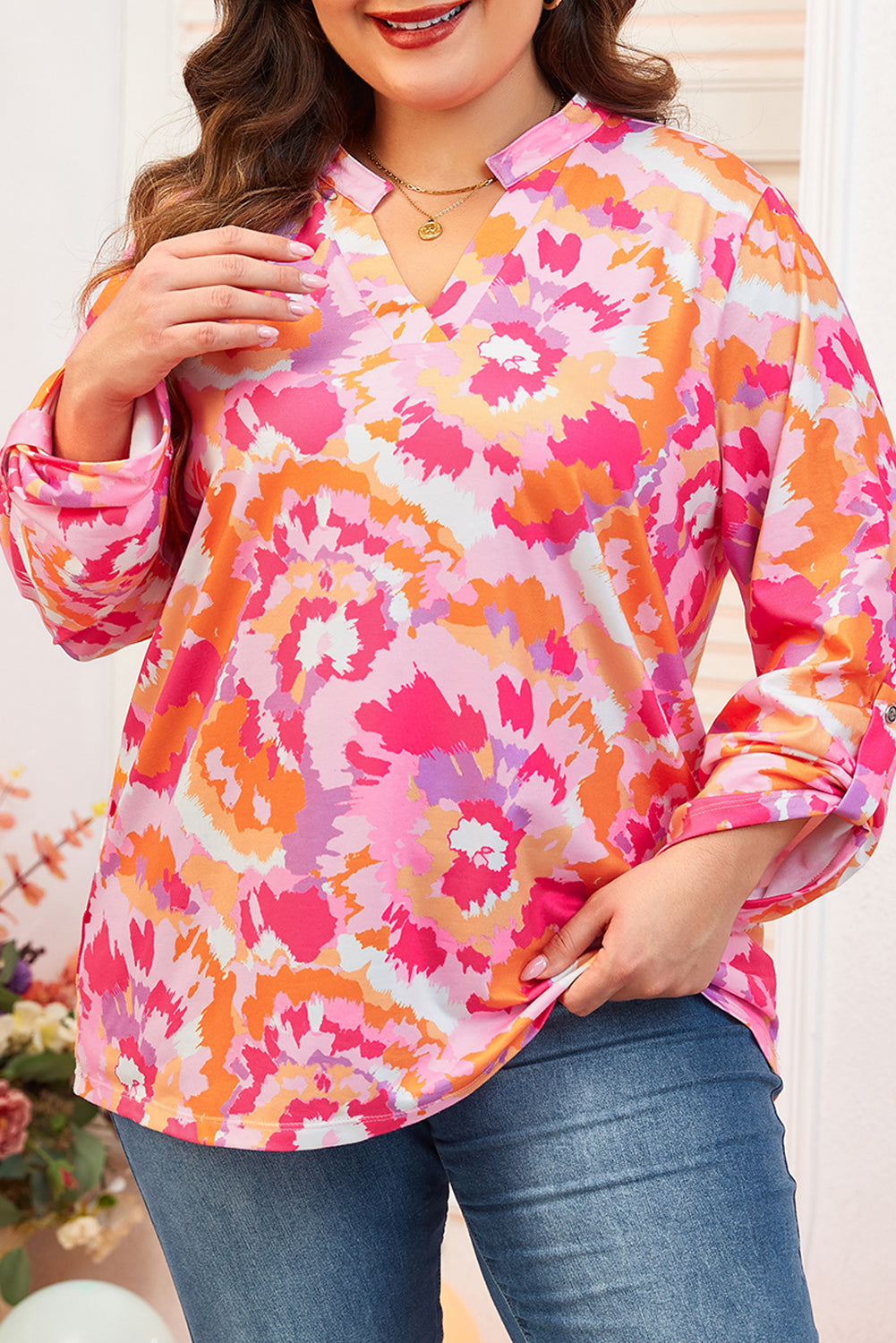 Pink Plus Size Abstract Floral Print Blouse