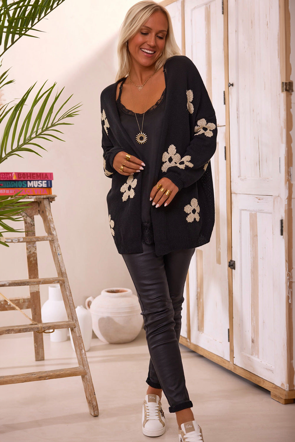 Black Floral Print Knitted Cardigan