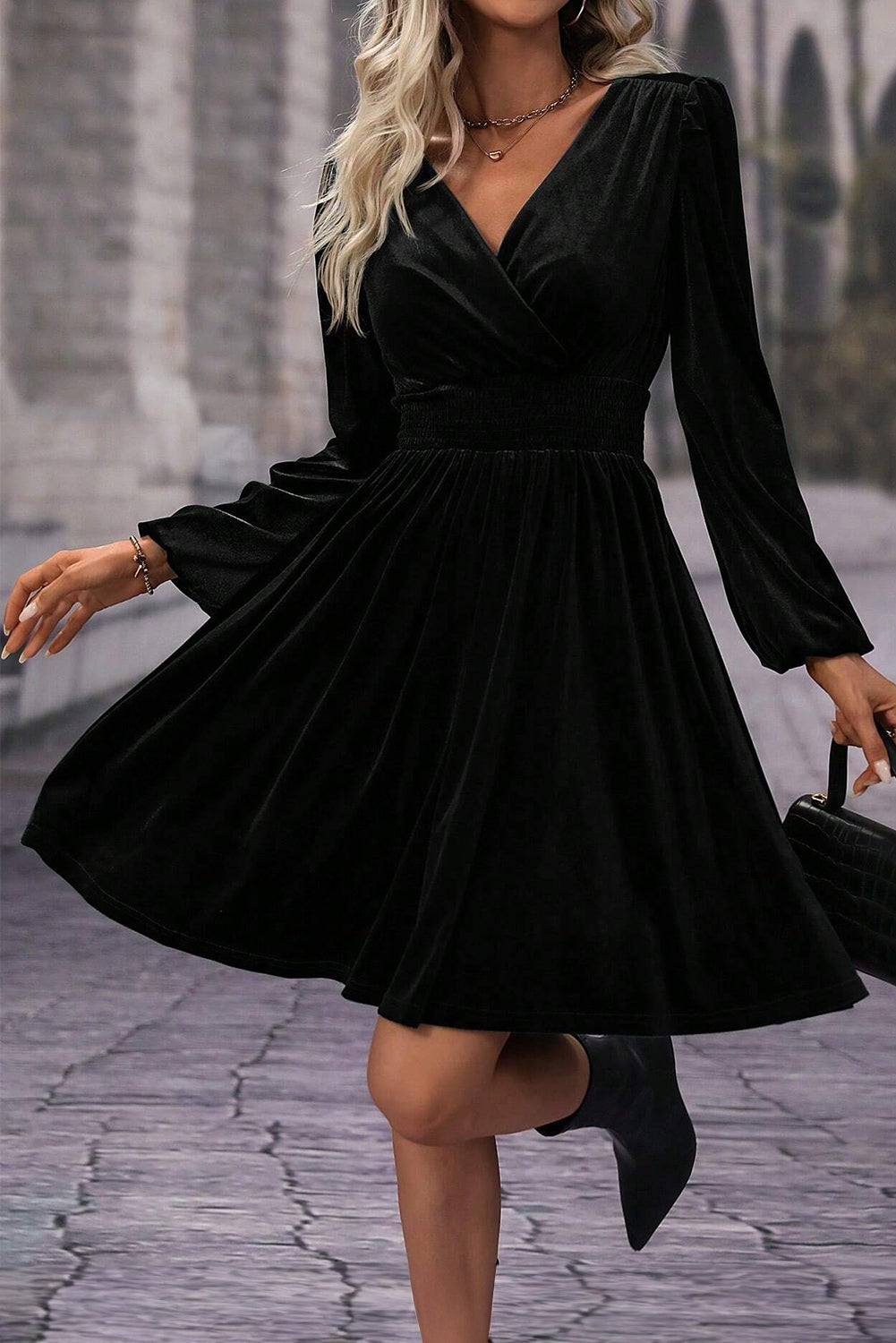 Black Velvet High Waist Mini Dress