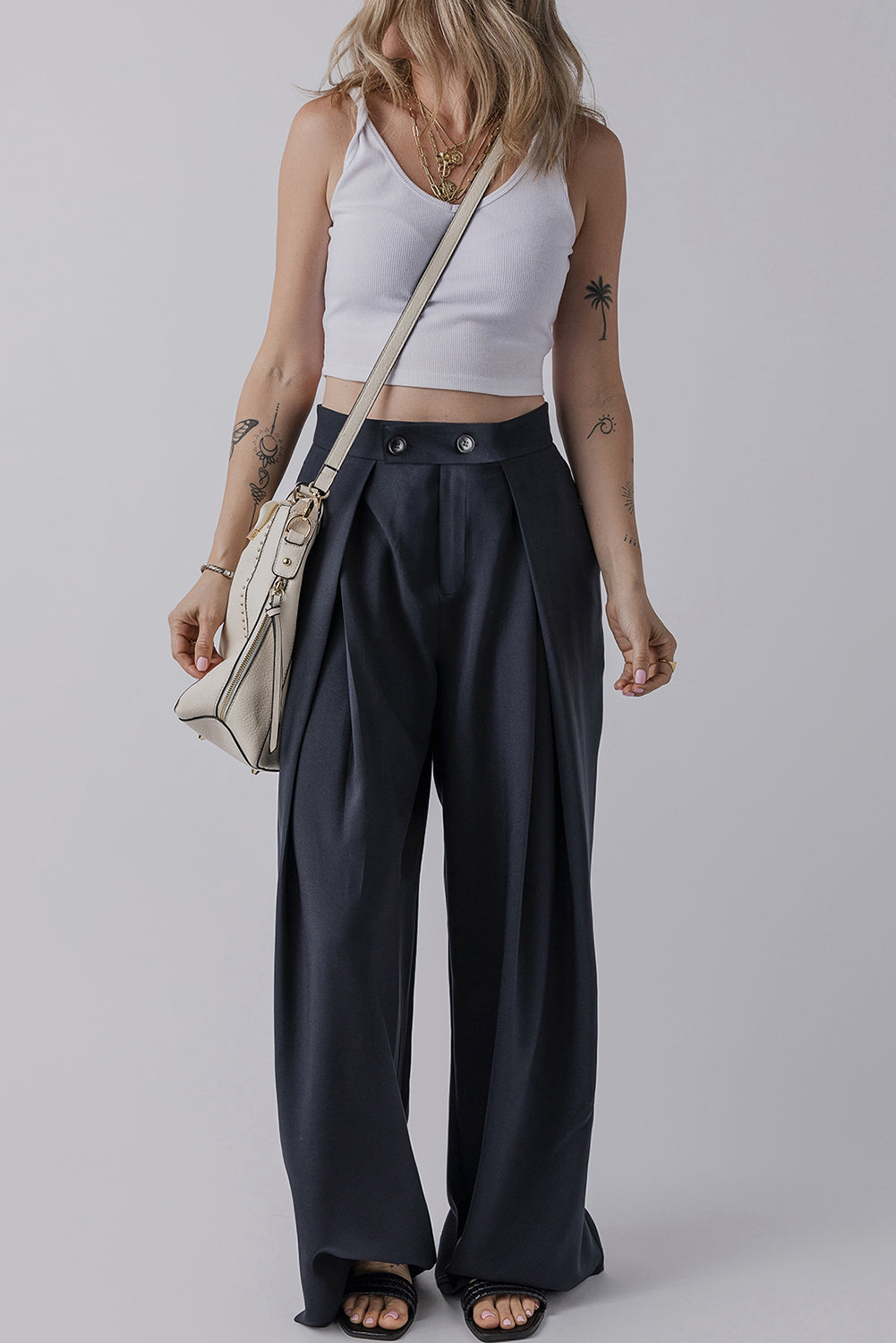 Navy Blue High Waist Pleated Wide Leg Pants