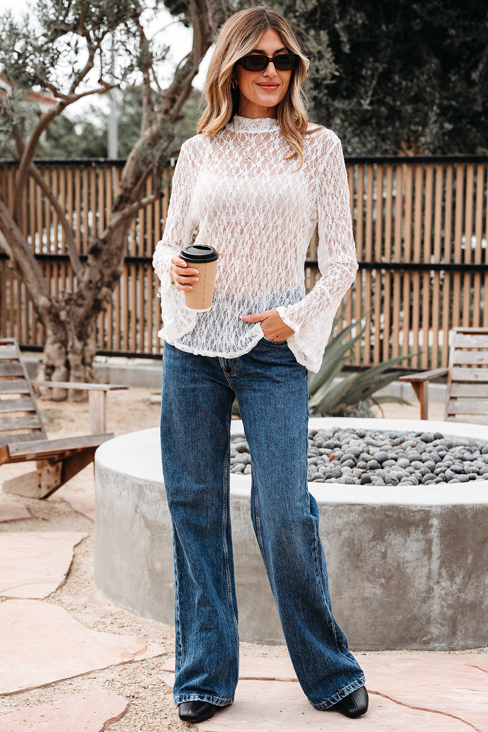 White Sheer Lace Bell Blouse