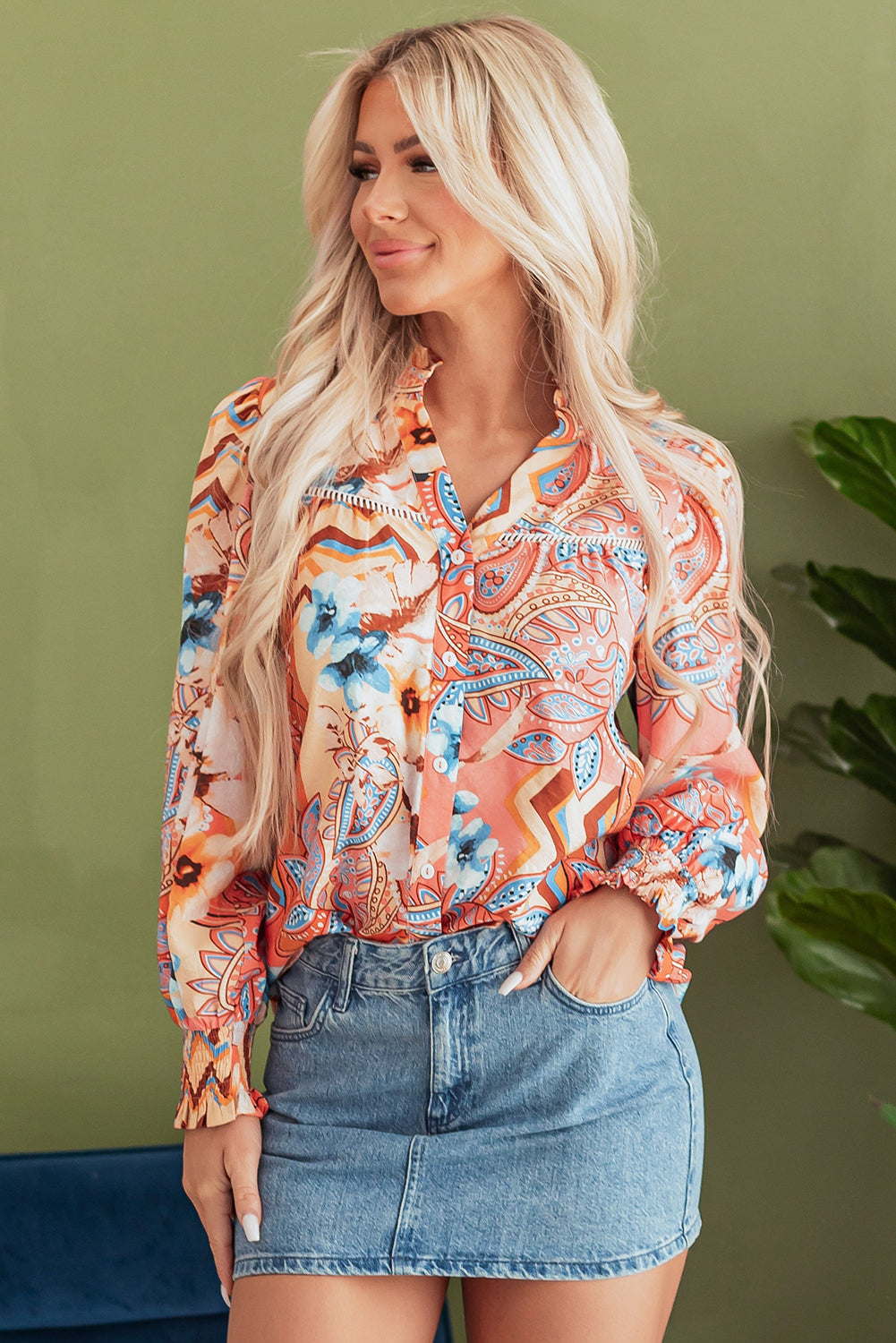 Orange Floral Buttoned Loose Shirt