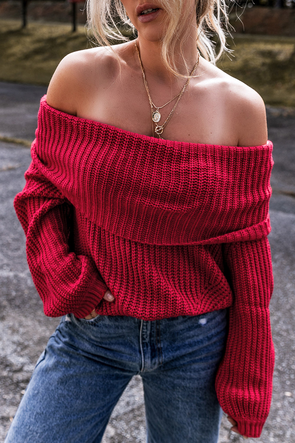 Red Off-the-shoulder Knit Jersey