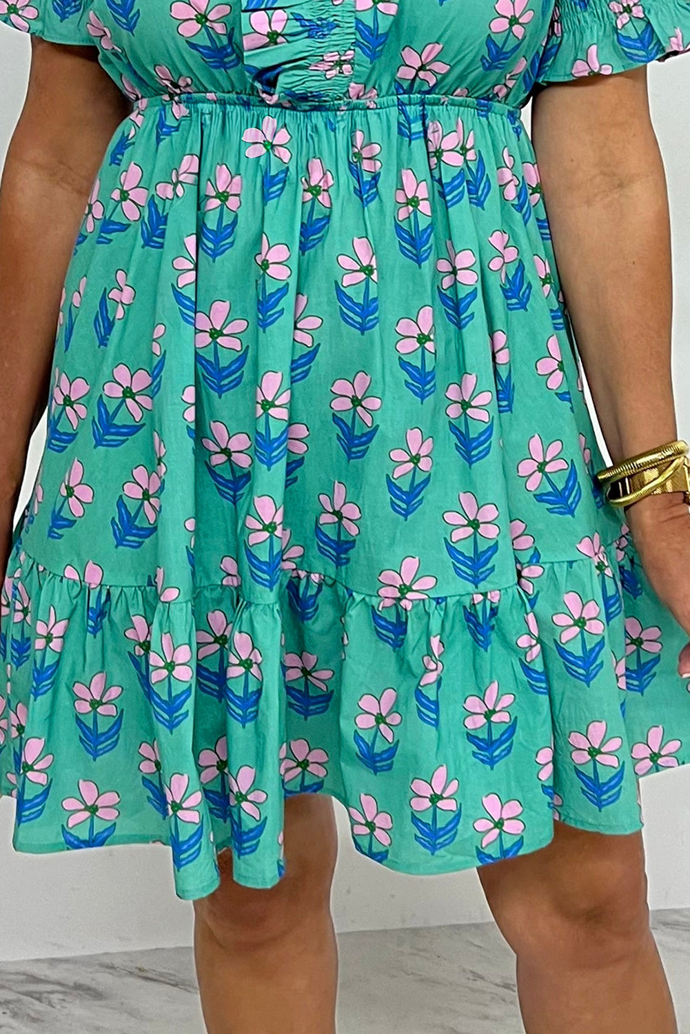 Green Floral Frill High Waist Mini Dress