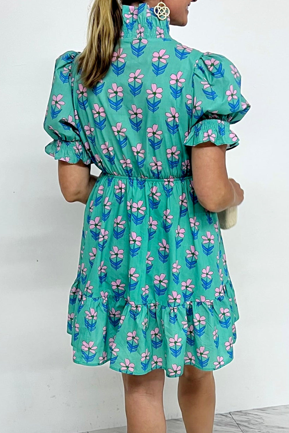 Green Floral Frill High Waist Mini Dress