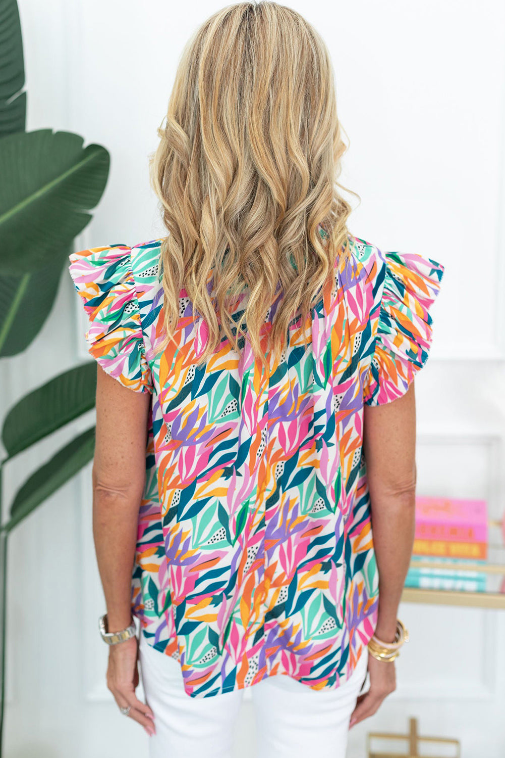 Pink Floral Print Flutter Sleeve Blouse