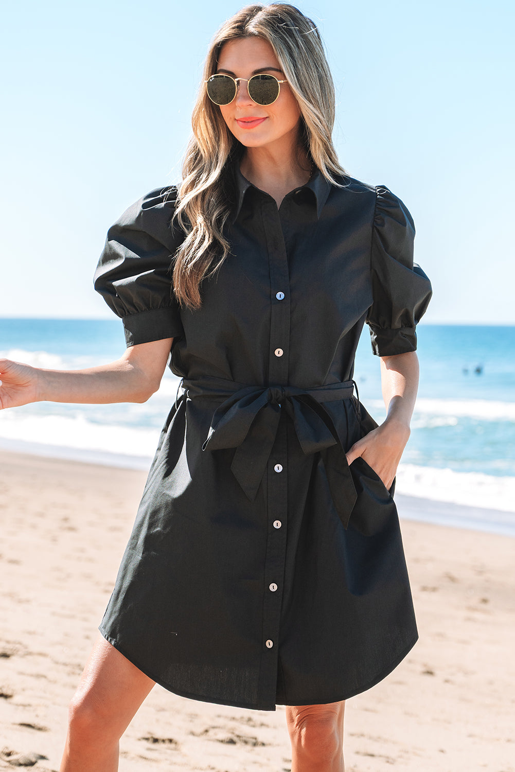 Black Button Up Tie Waist Mini Dress