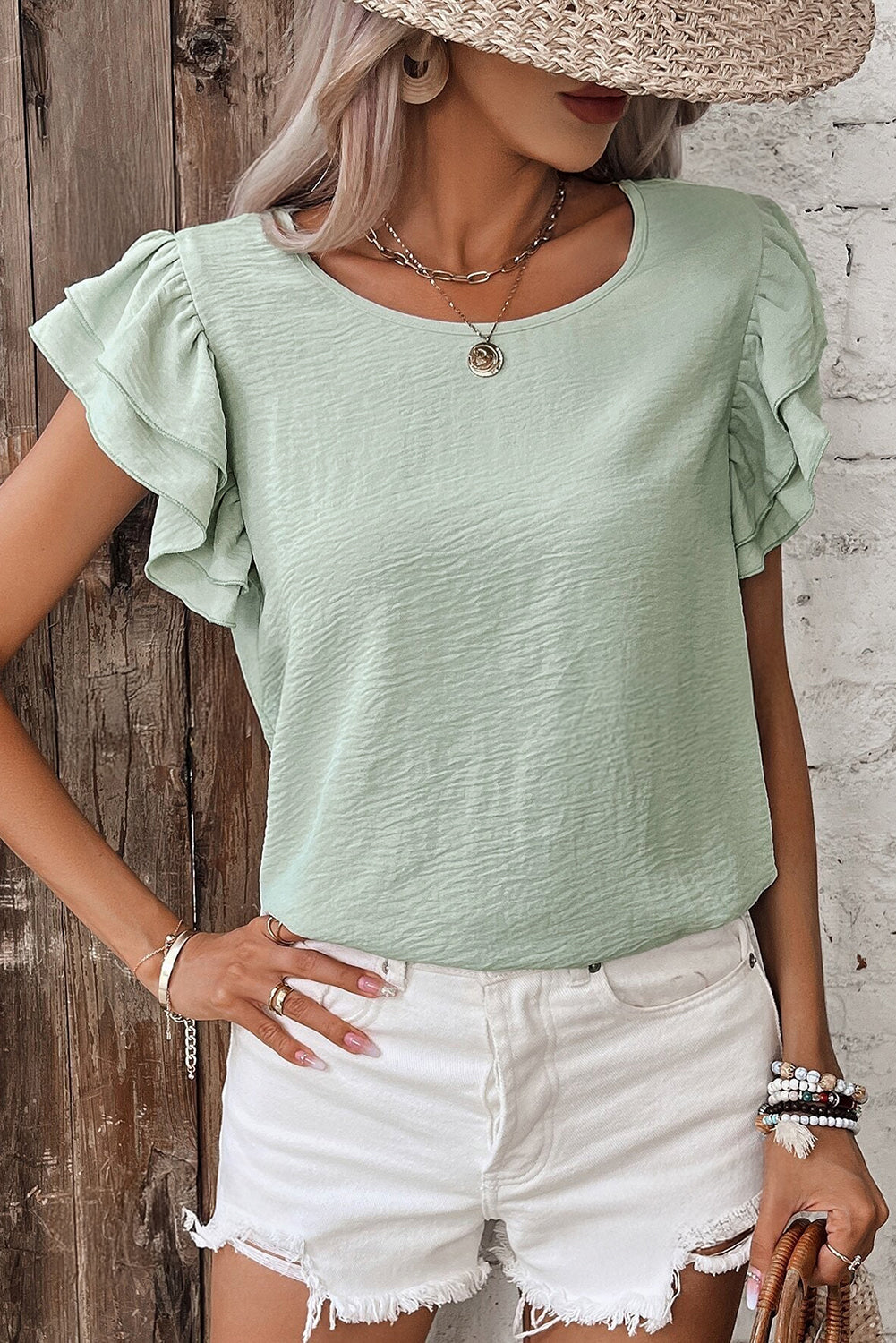 Sage Ruffled Short Sleeve Blouse