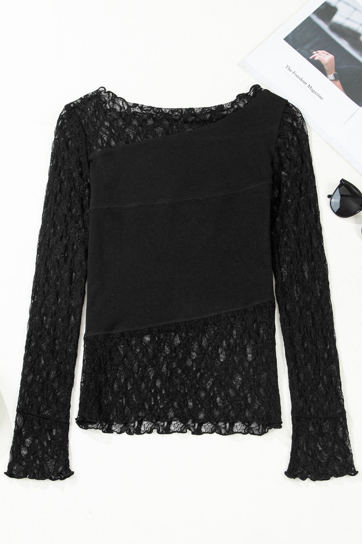 Black Asymmetric Lace Long Sleeve Top