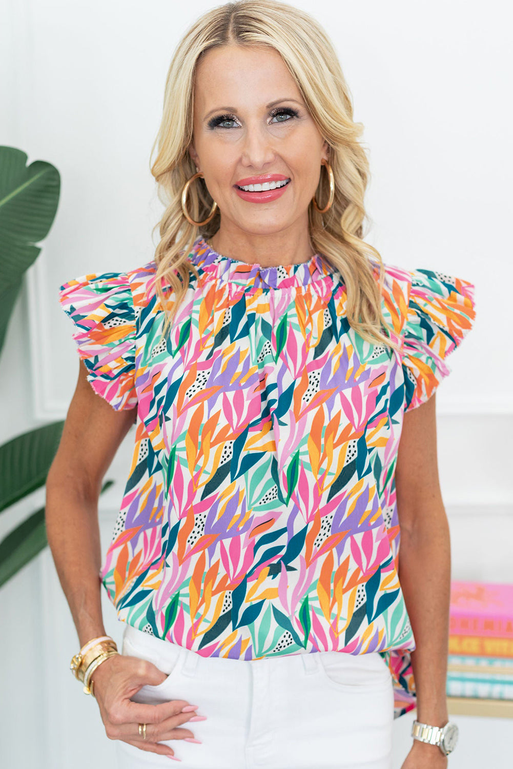 Pink Floral Print Flutter Sleeve Blouse