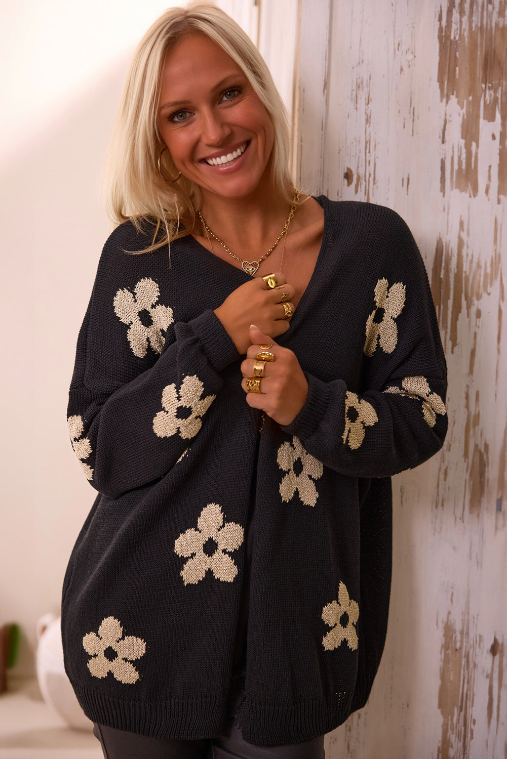 Black Floral Print Knitted Cardigan