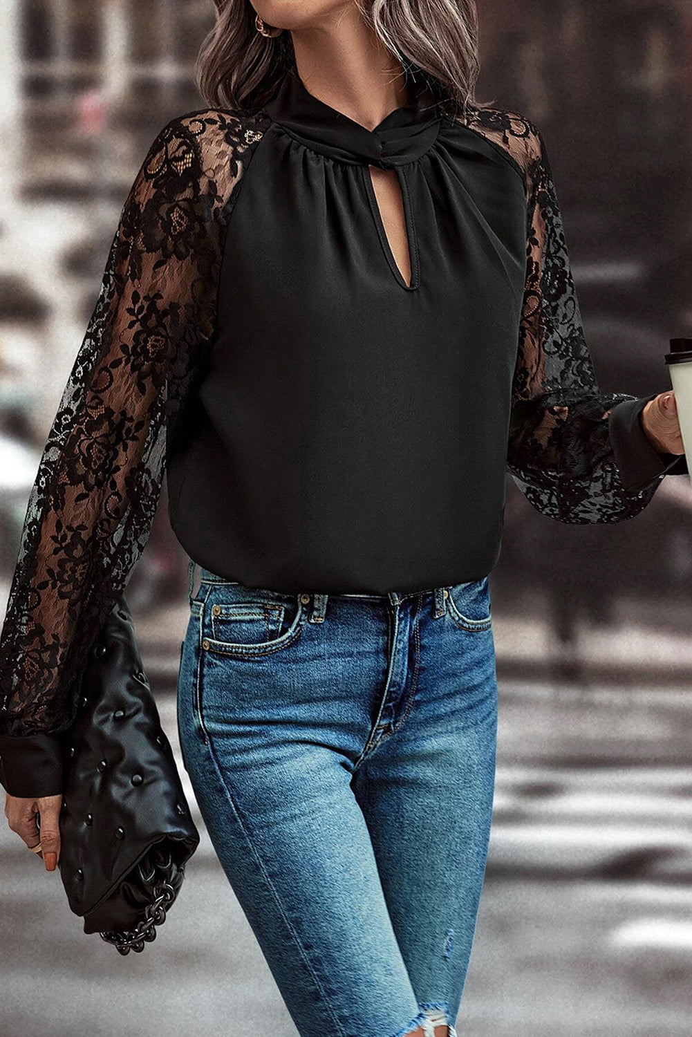 Black Keyhole Lace Sleeve Blouse