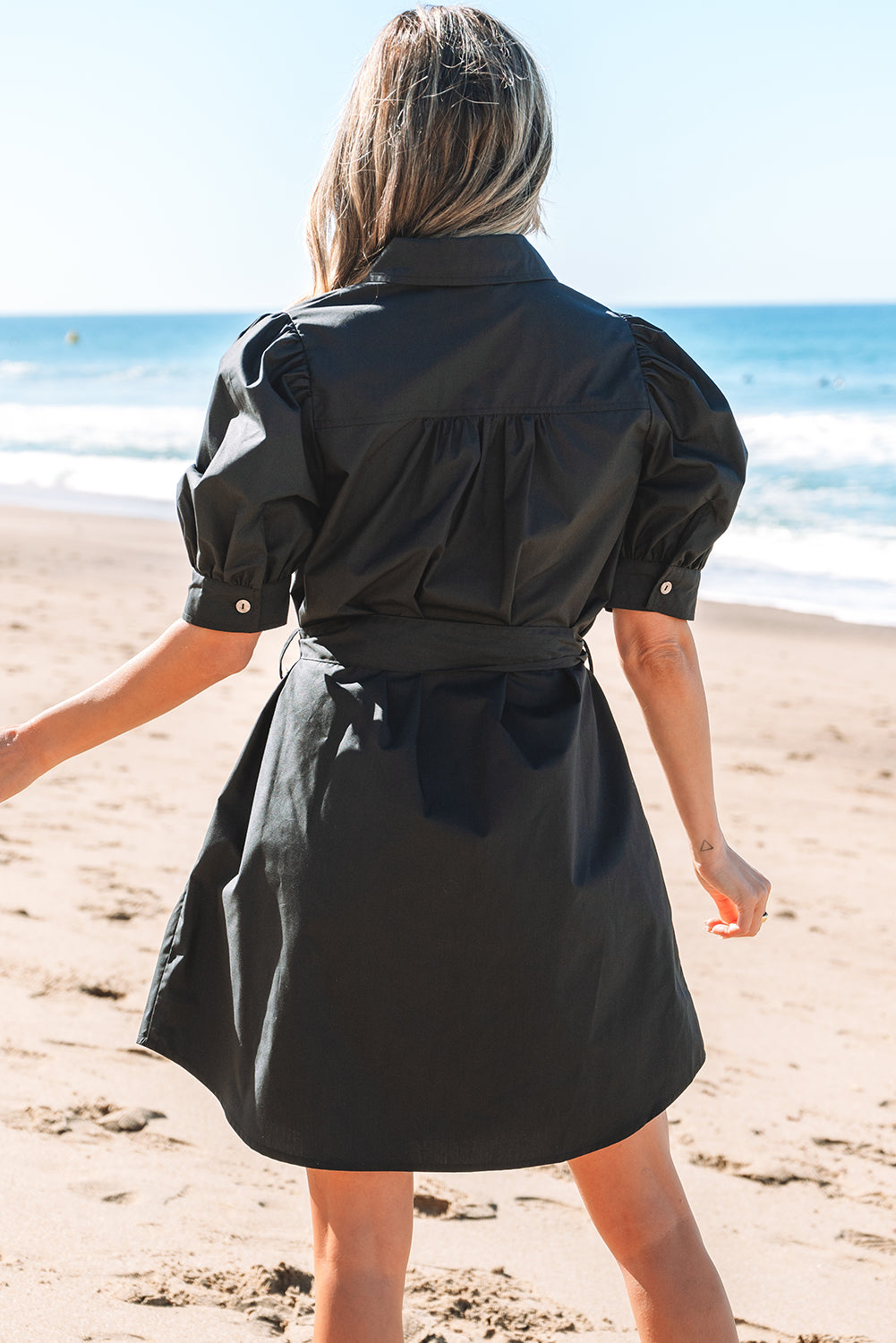 Black Button Up Tie Waist Mini Dress