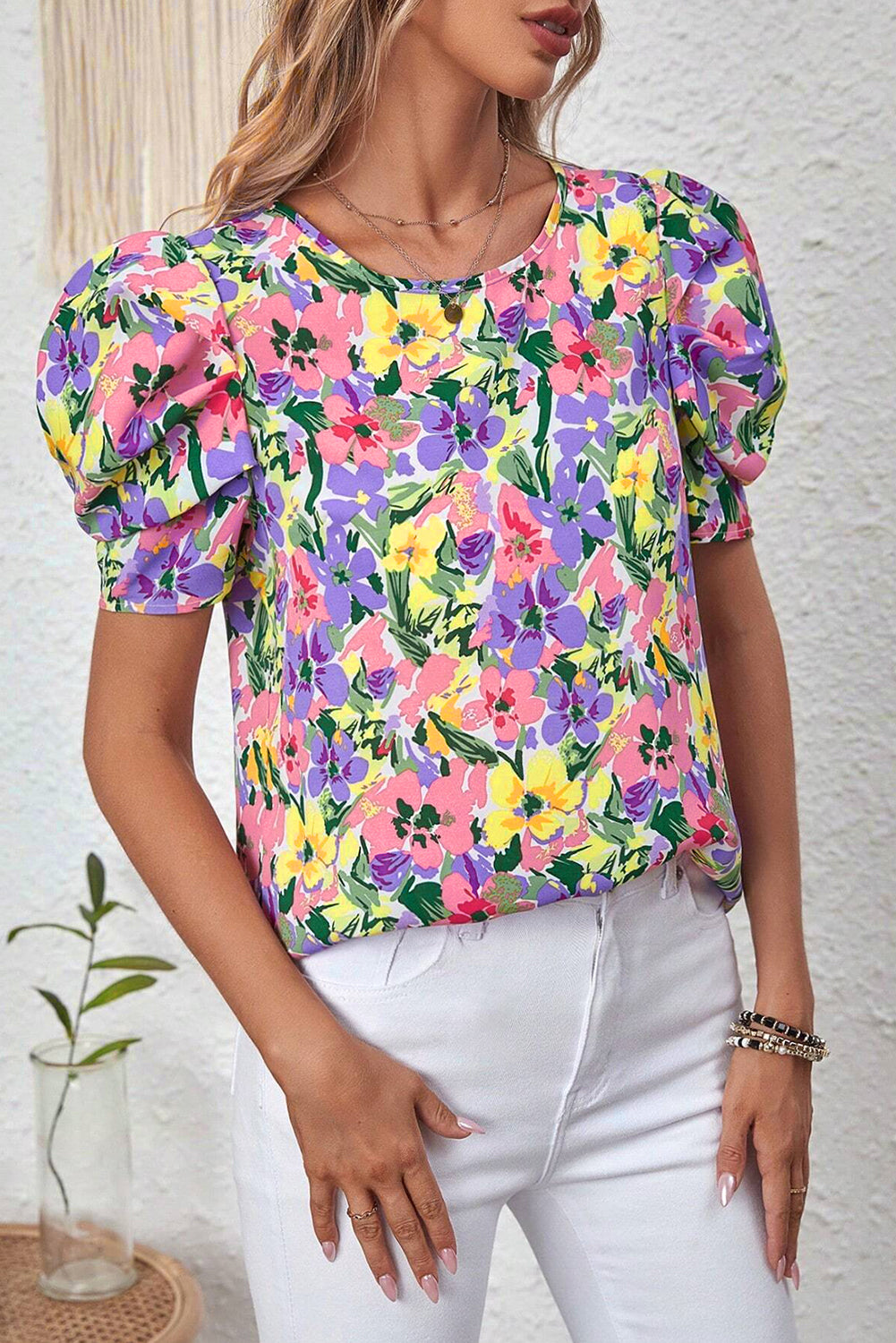 Purple Floral Short Sleeve Blouse