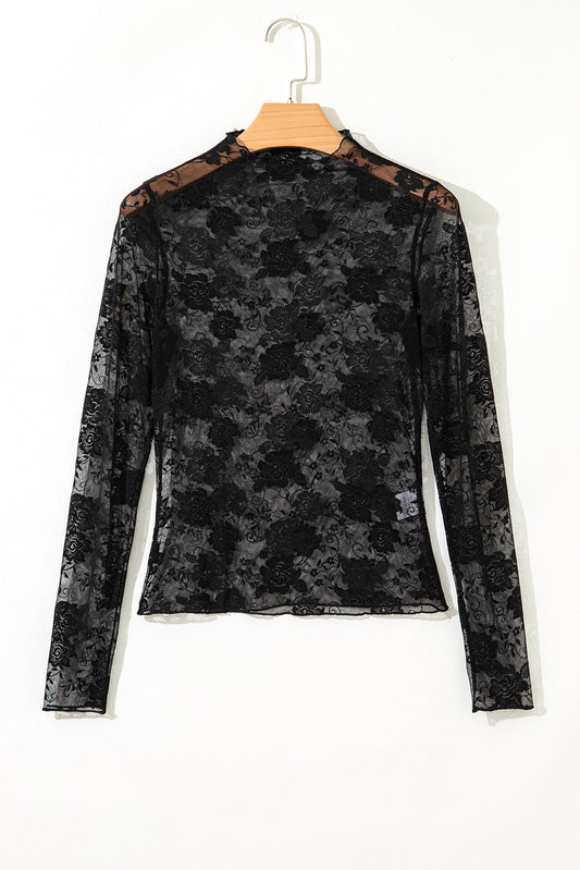 Black Sheer Floral Lace Long Sleeve Top