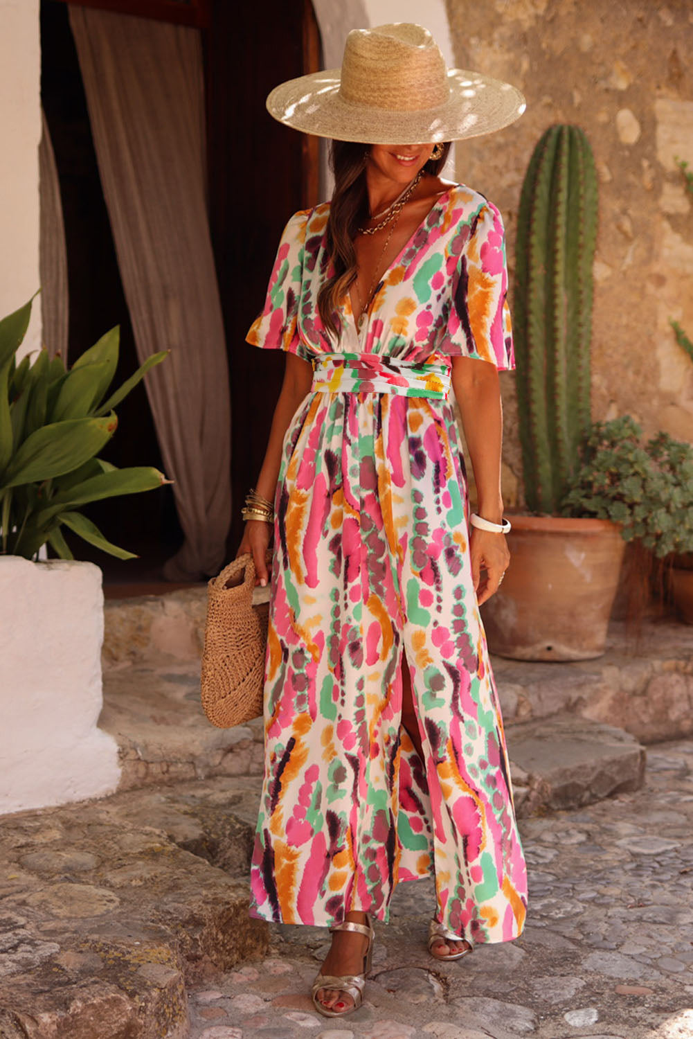 Pink Boho Tie-dye Maxi Dress