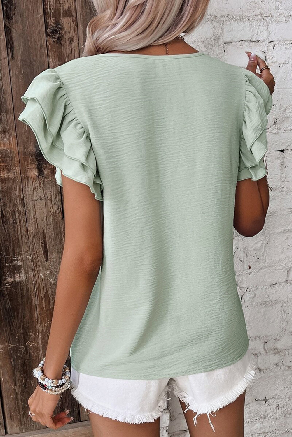 Sage Ruffled Short Sleeve Blouse