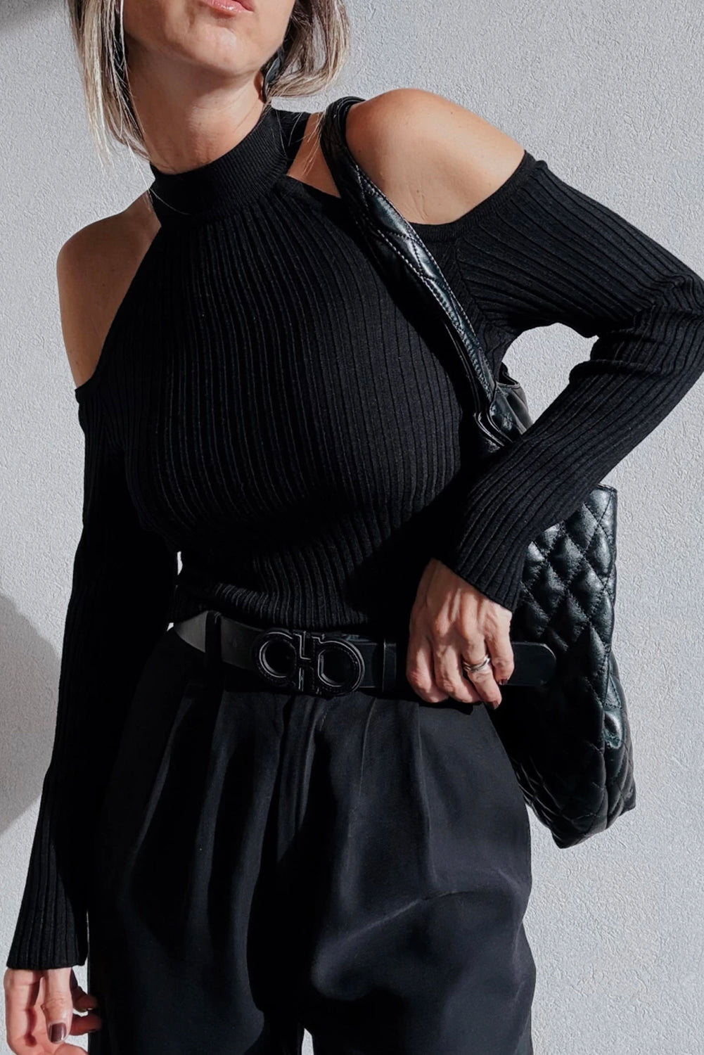 Black Ribbed Cold Shoulder Sweater