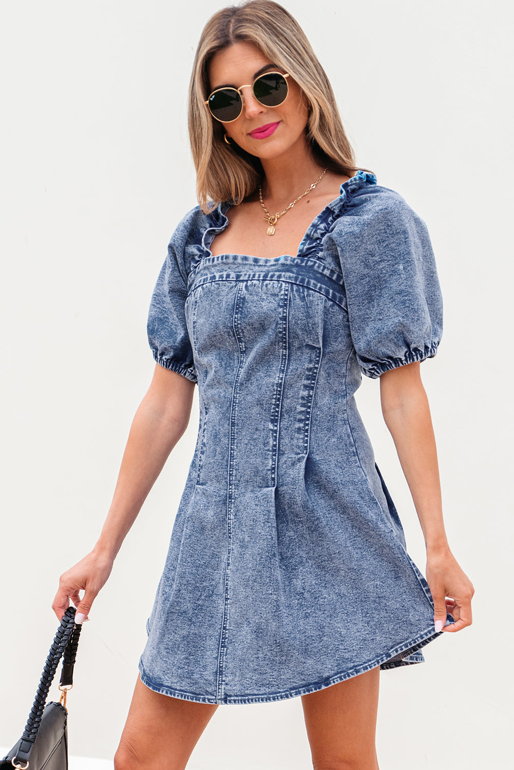 Blue Square Neck Short Denim Dress