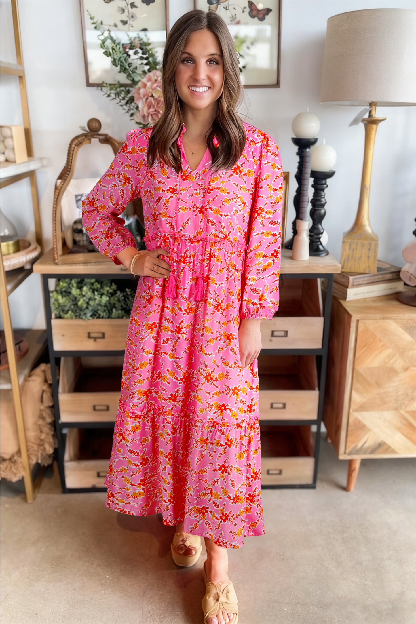 Pink Floral Long Sleeve Tassel Maxi Dress