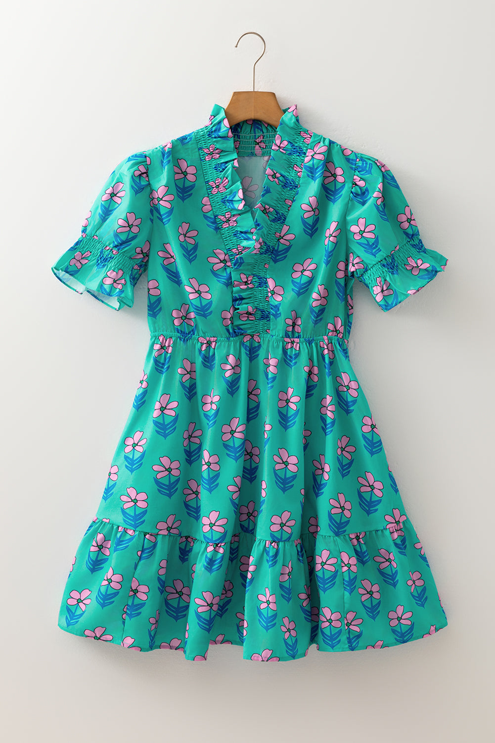 Green Floral Frill High Waist Mini Dress