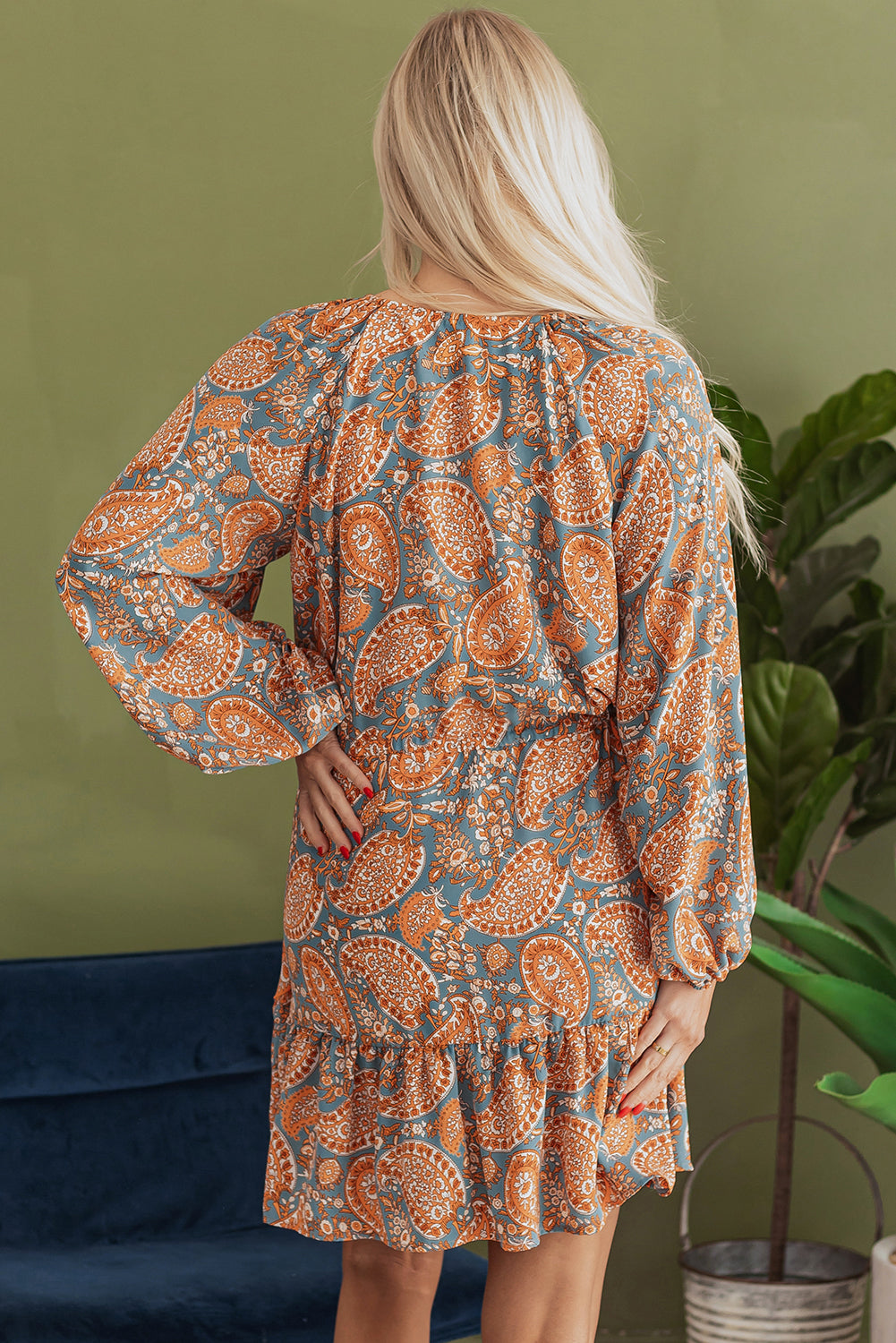 Orange Paisley Drawstring Mini Dress