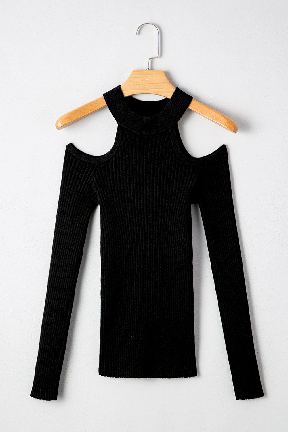 Black Ribbed Cold Shoulder Sweater