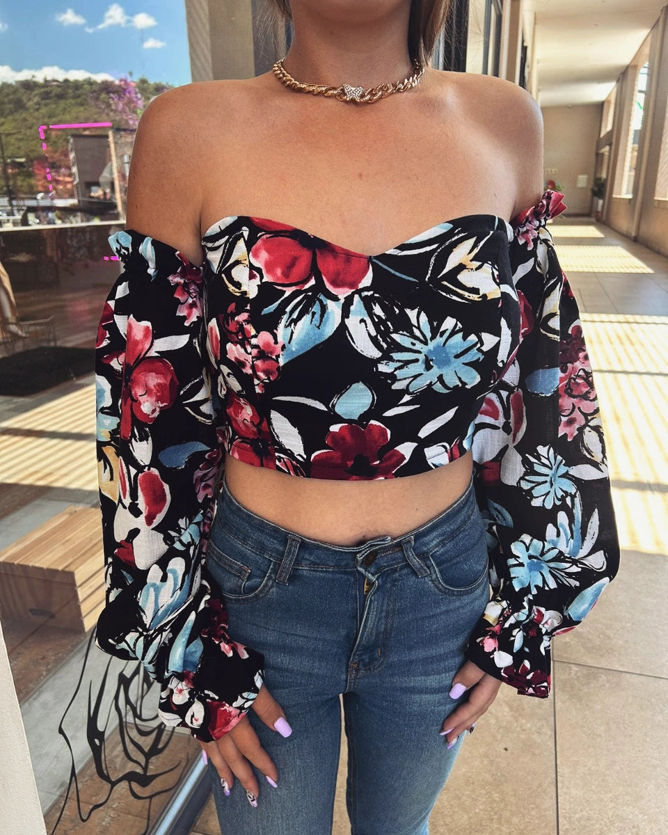 Black Tropical Crop Top
