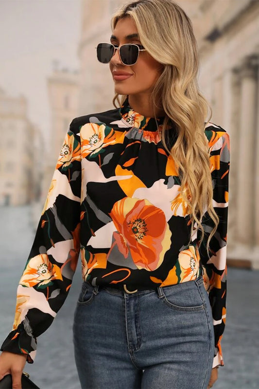 Black Floral Mock Neck Blouse