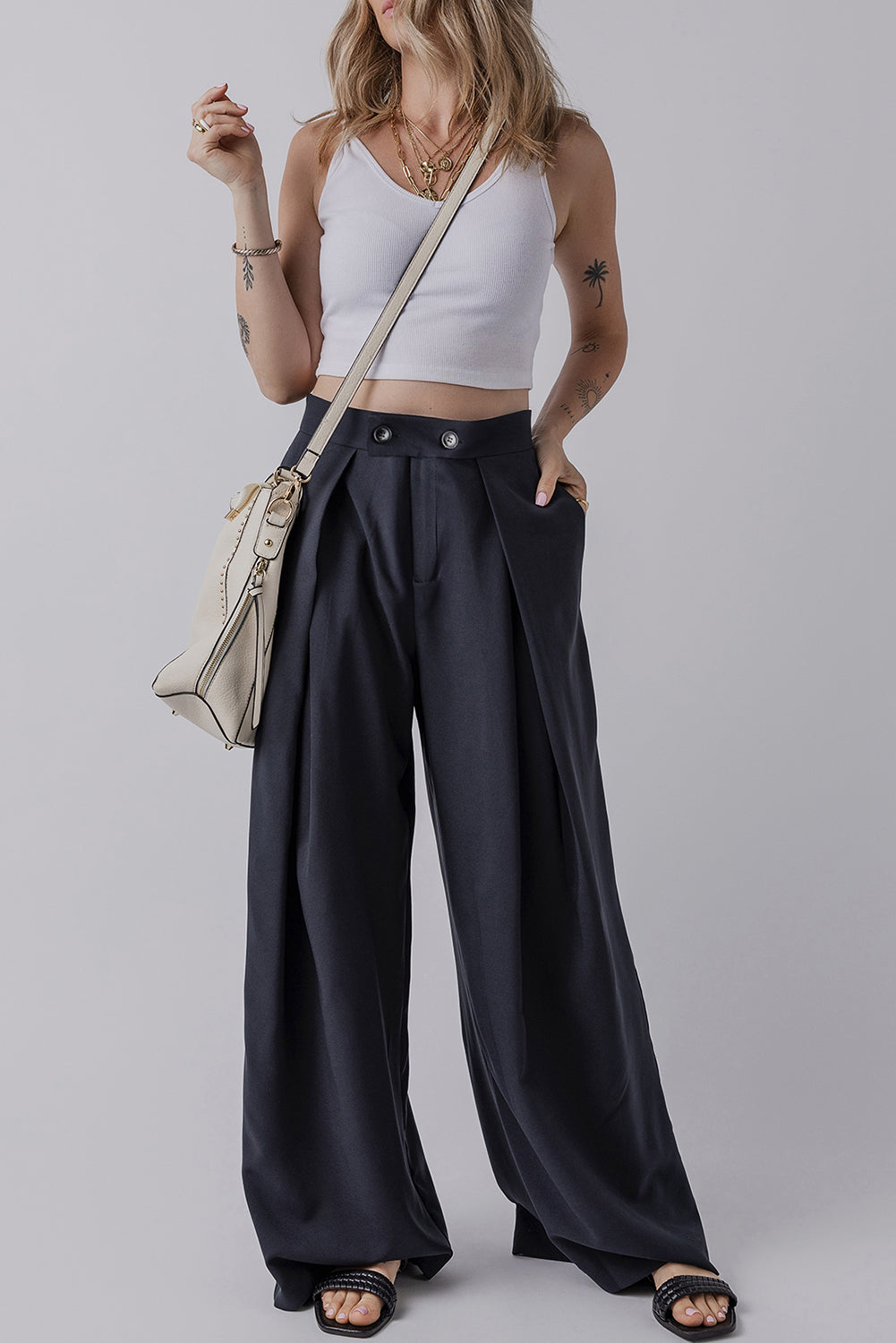 Navy Blue High Waist Pleated Wide Leg Pants