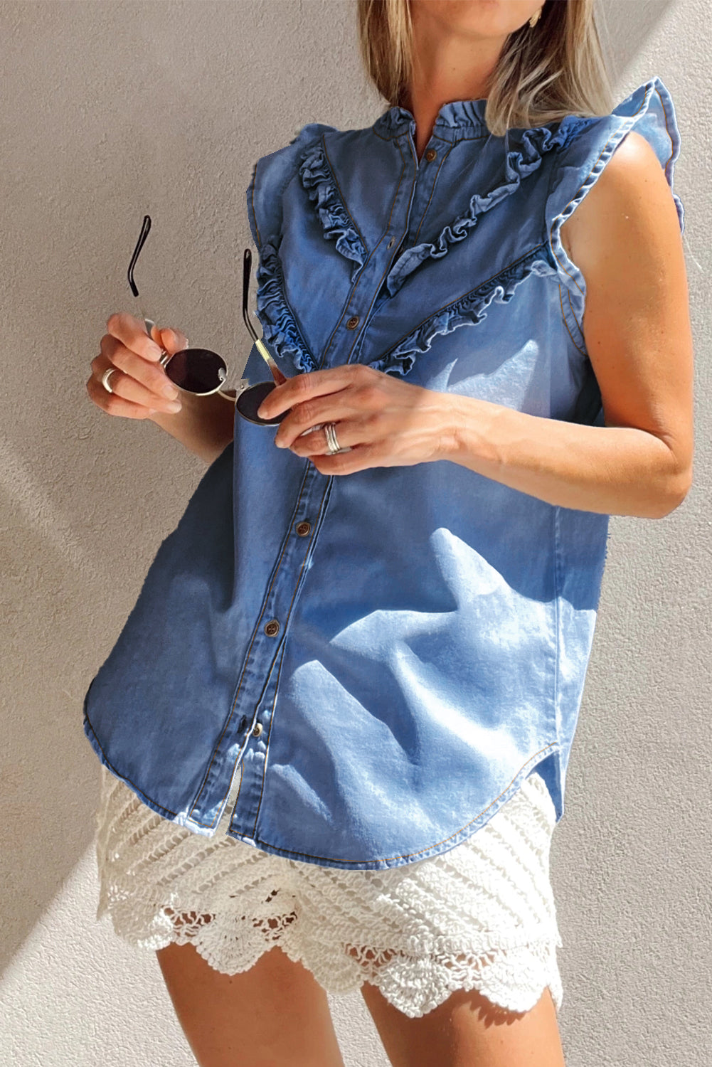 Blue Frilled Button Up Denim Shirt